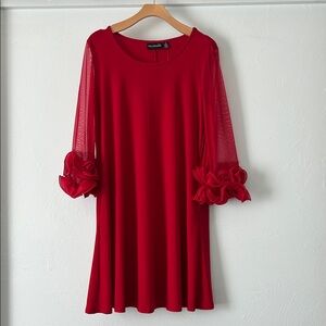 Nina Leonard Casual Flowy Mini Red Dress with Mesh Rose Floral Long Sleeves NWT